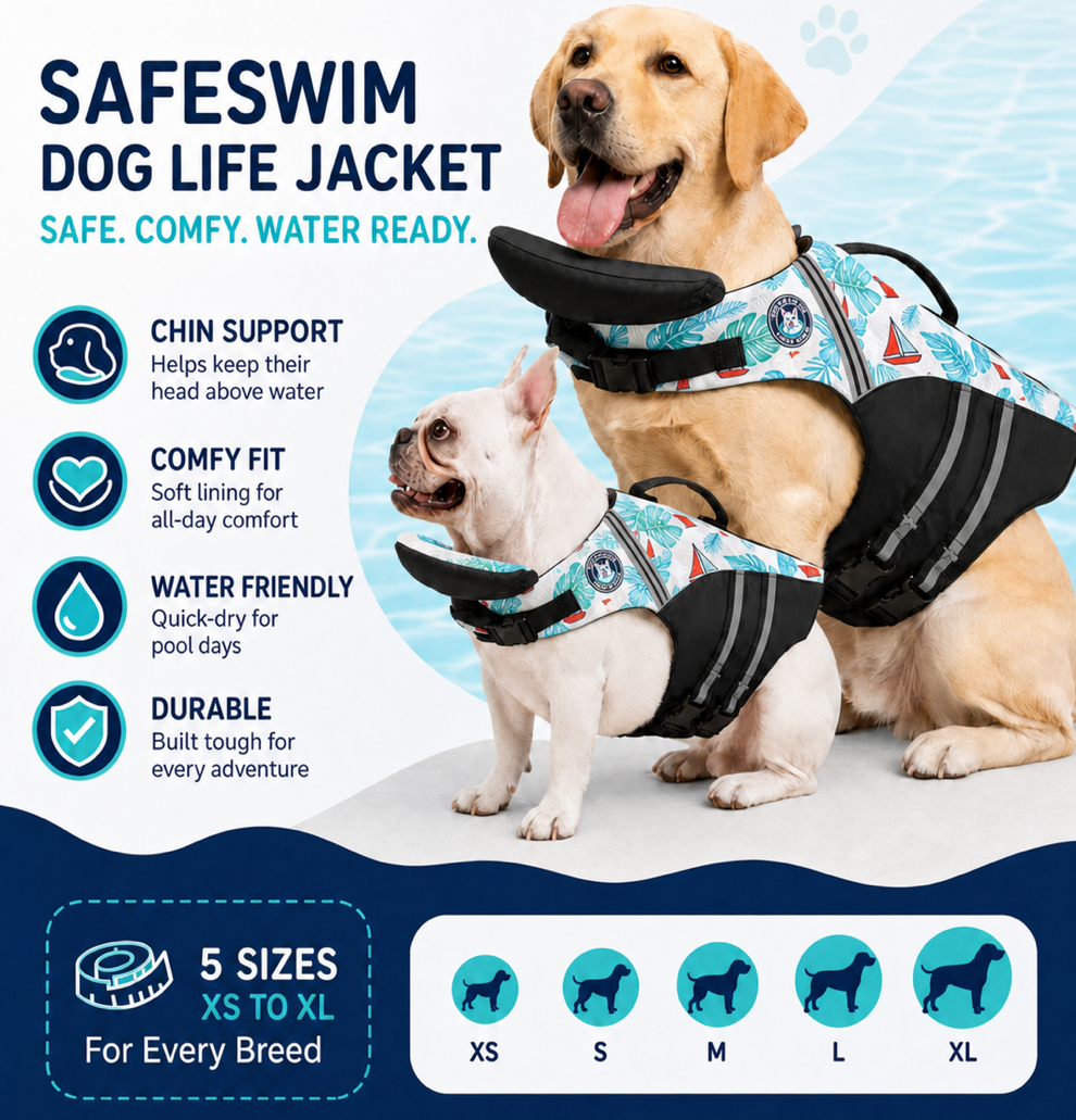 Promotional graphic for the PetsCarrier Safeswim Dog Life Jacket, showing a golden retriever and a small white dog wearing the life jacket. The background is white with light blue water graphics, featuring product features, sizing information, and brand logo.